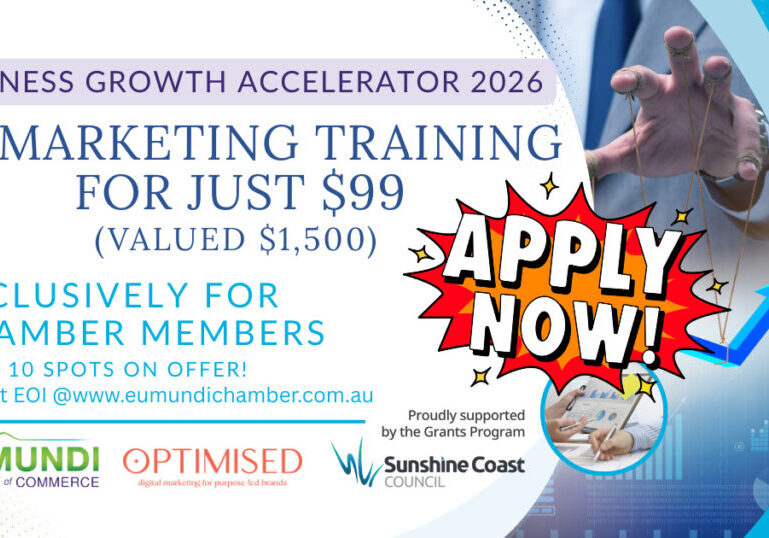 Secure 1 of 10 spots in the 2026 Business Growth Accelerator. Valued at $1,500pp, now just $99 for Eumundi Chamber members. Boost leads and sales today.