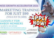 Secure 1 of 10 spots in the 2026 Business Growth Accelerator. Valued at $1,500pp, now just $99 for Eumundi Chamber members. Boost leads and sales today.