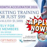 Secure 1 of 10 spots in the 2026 Business Growth Accelerator. Valued at $1,500pp, now just $99 for Eumundi Chamber members. Boost leads and sales today.
