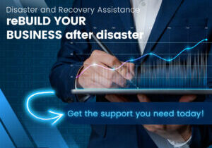 image of a business man on a laptop working on his business plan with a message to rebuild your business after disaster get the support you need