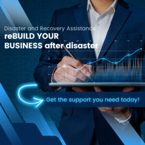 image of a business man on a laptop working on his business plan with a message to rebuild your business after disaster get the support you need